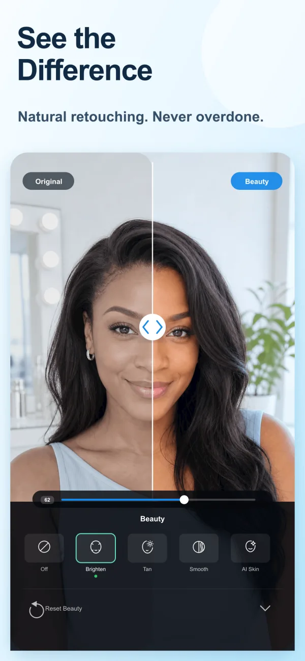 ScrollVox natural beauty camera comparison and retouching controls